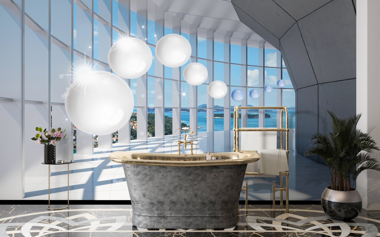 Fototapet pe fundalul cerului, bile albe zboară în tunel