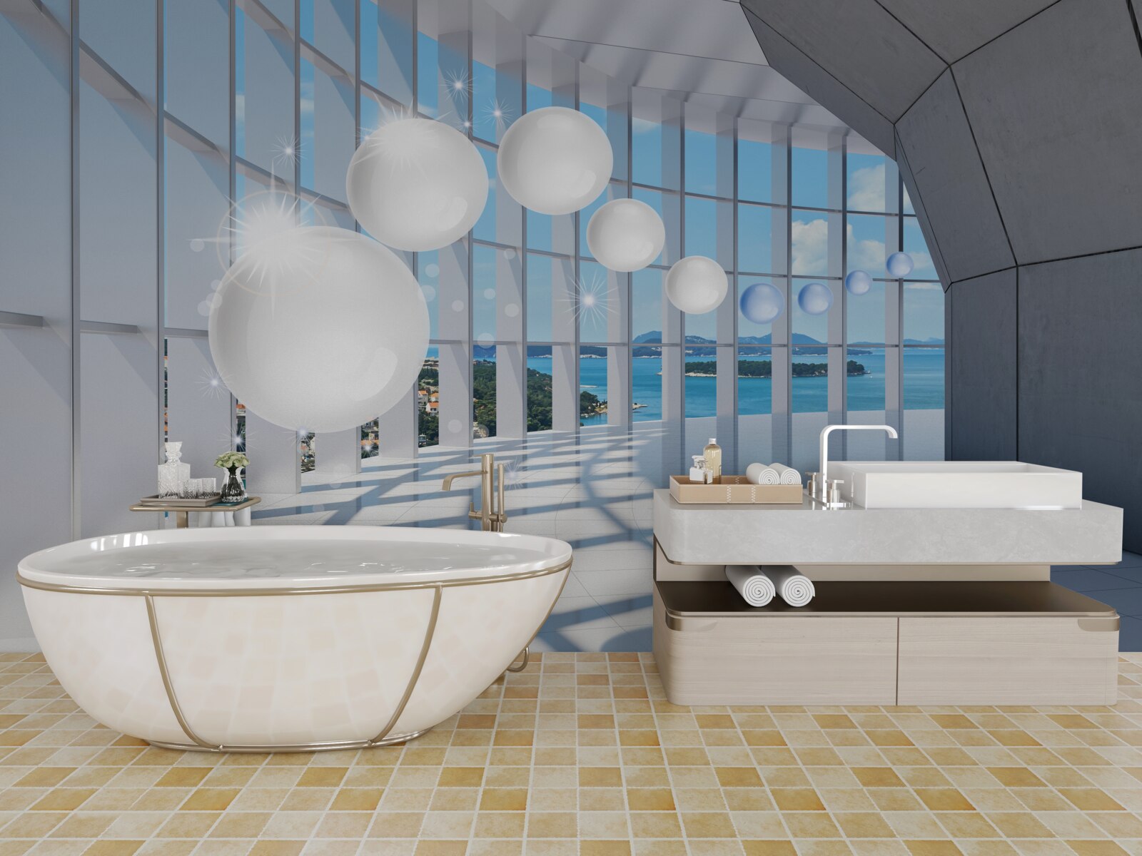 Fototapet pe fundalul cerului, bile albe zboară în tunel