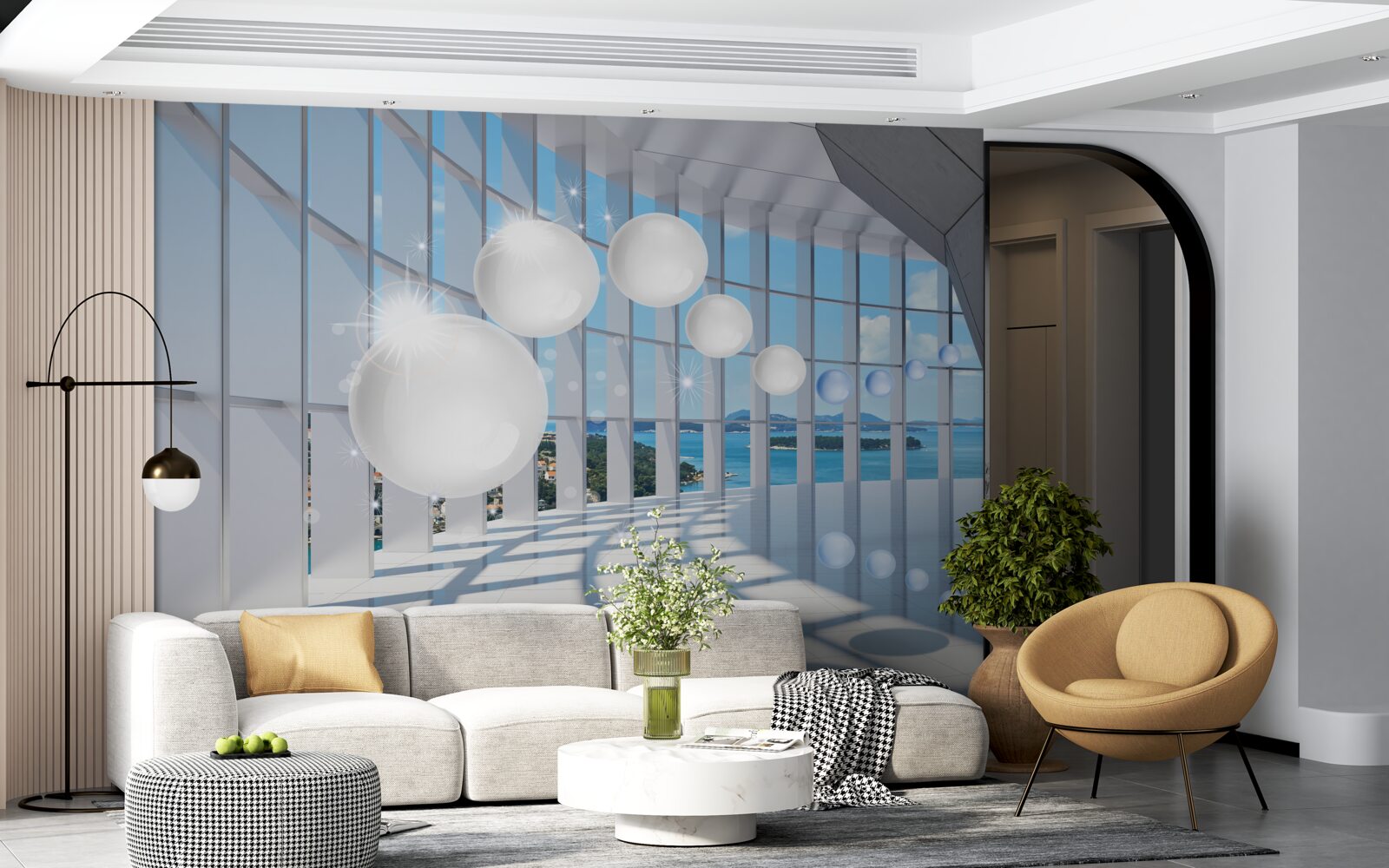 Fototapet pe fundalul cerului, bile albe zboară în tunel