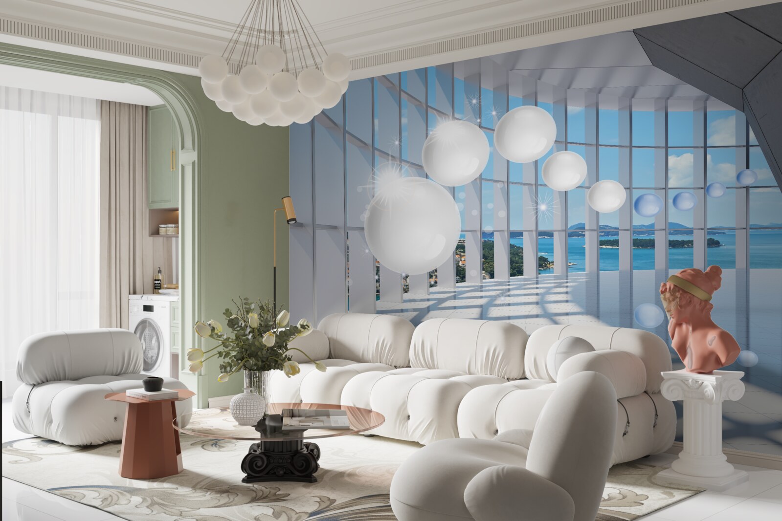 Fototapet pe fundalul cerului, bile albe zboară în tunel