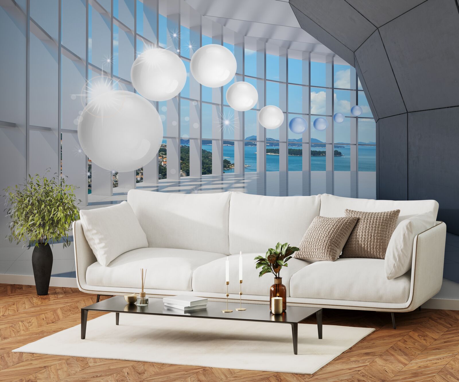 Fototapet pe fundalul cerului, bile albe zboară în tunel