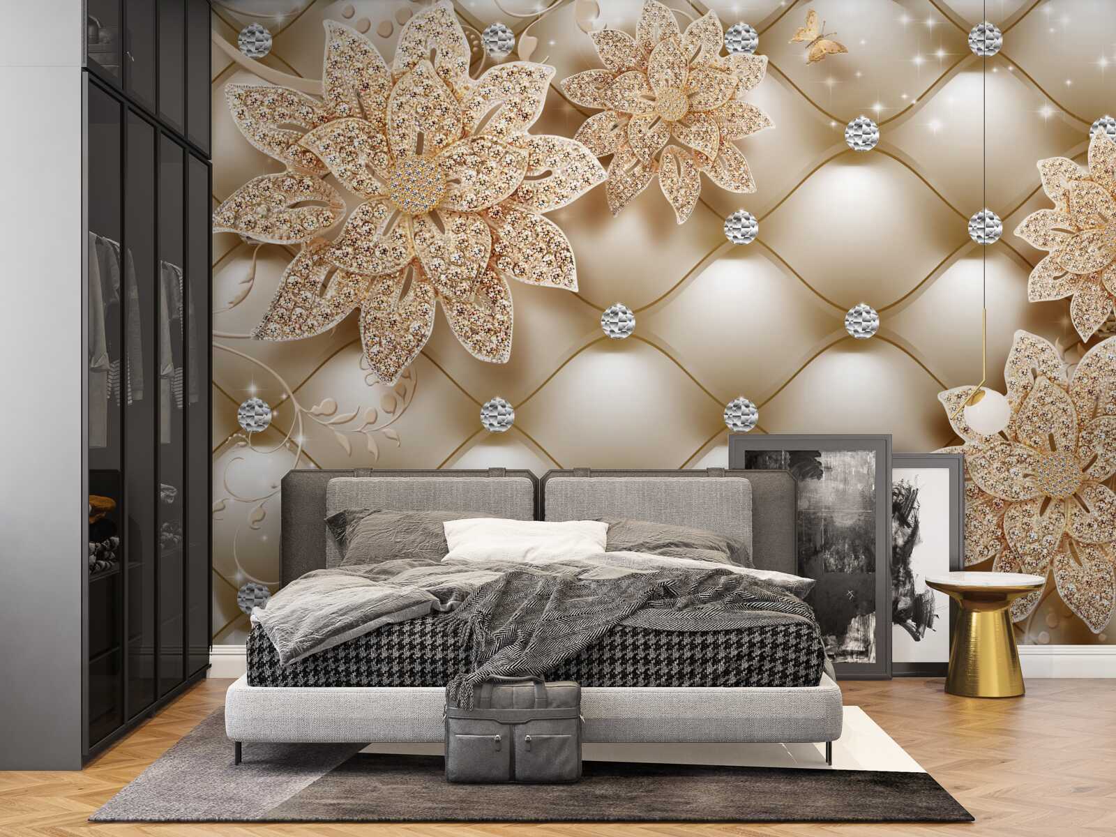 Fototapet perlele sunt decorate cu flori aurii