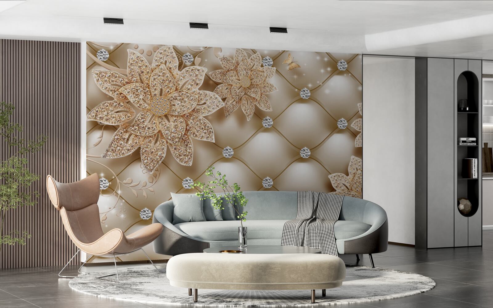 Fototapet perlele sunt decorate cu flori aurii