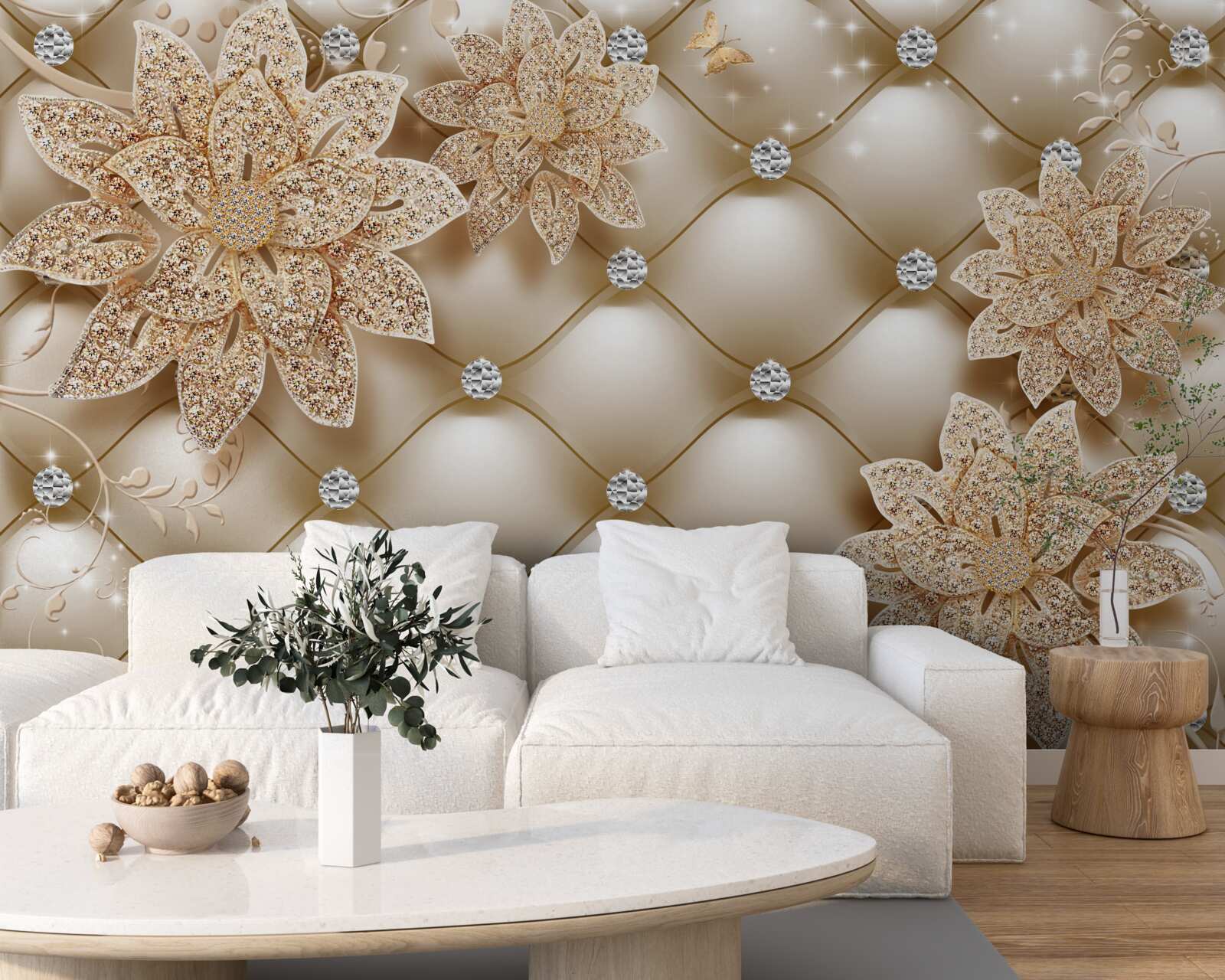 Fototapet perlele sunt decorate cu flori aurii