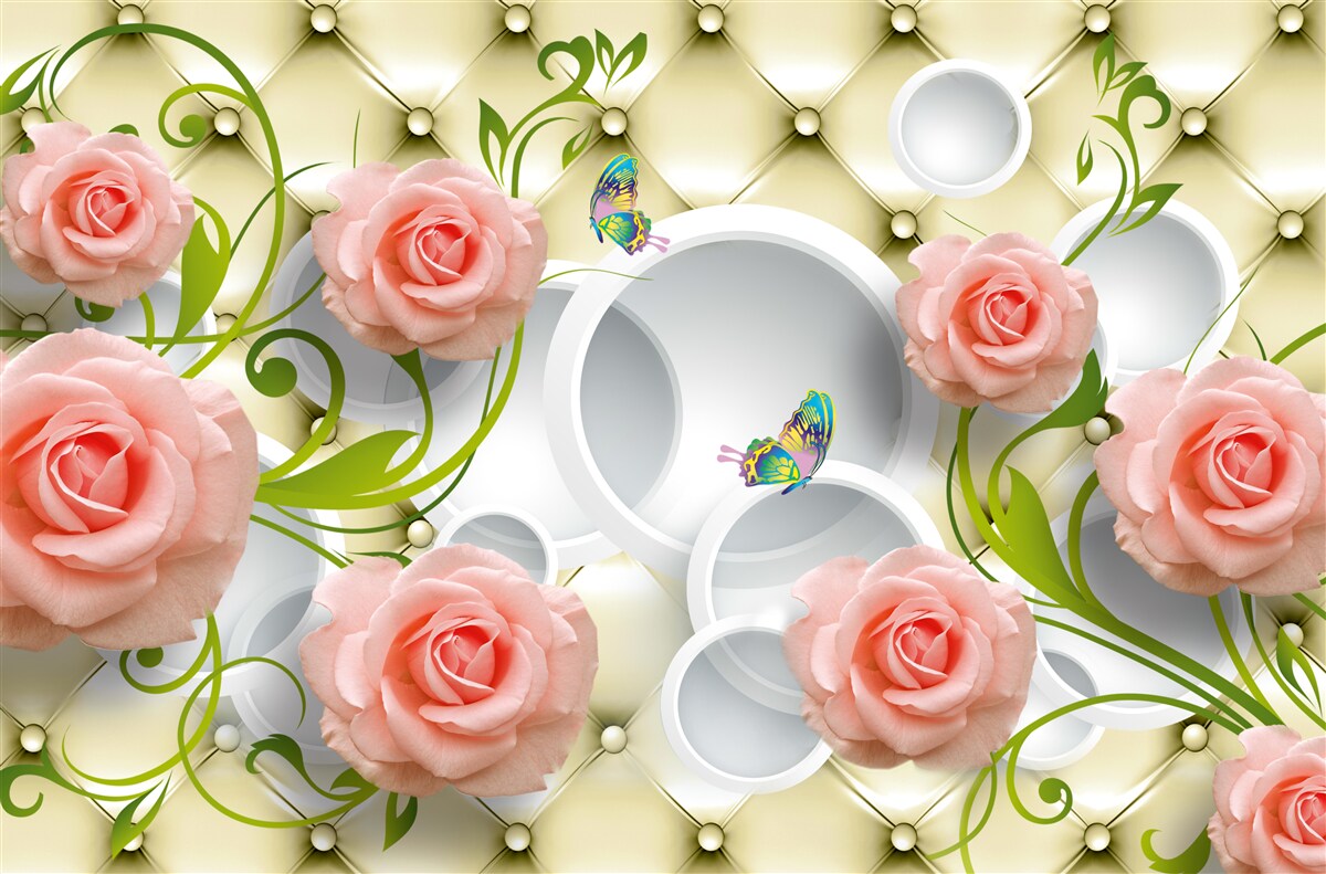 Fototapet fluturi și trandafiri în roz