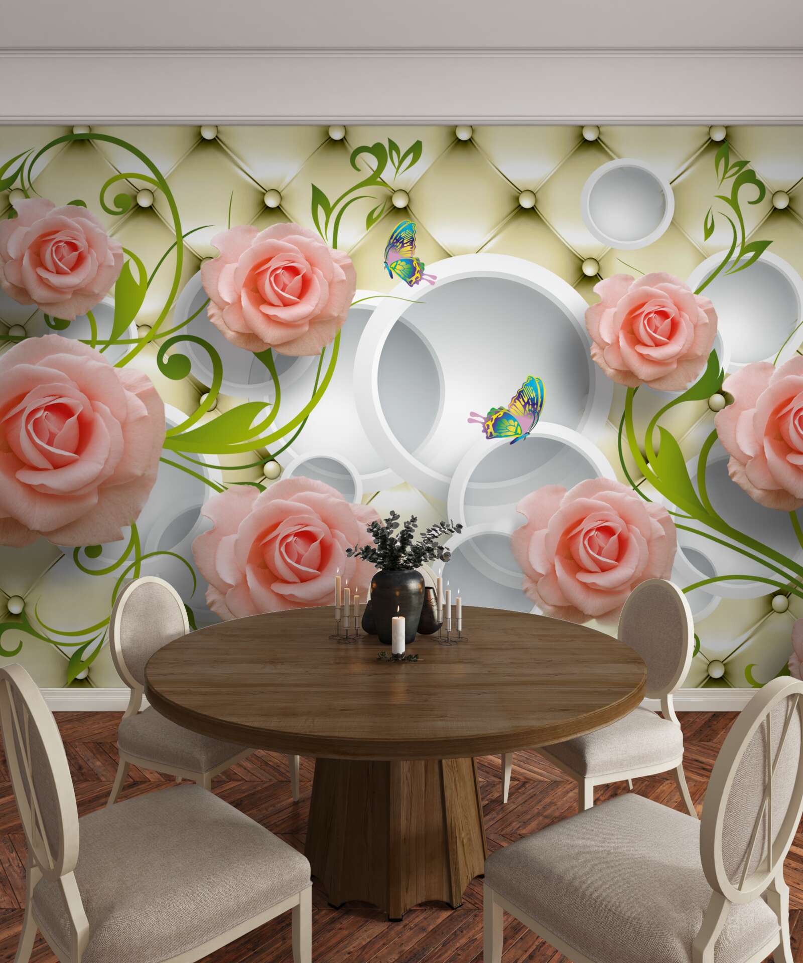 Fototapet fluturi și trandafiri în roz