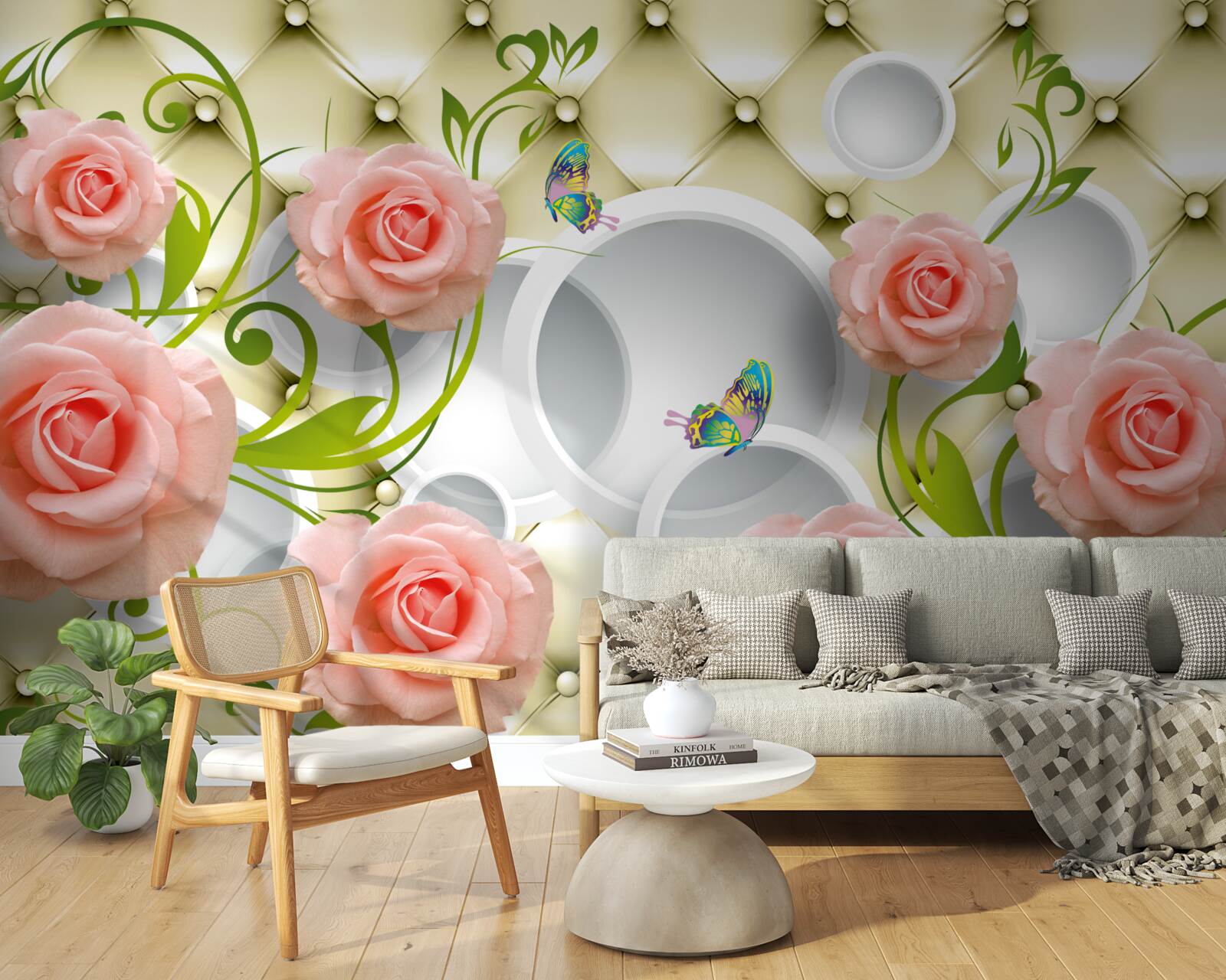 Fototapet fluturi și trandafiri în roz