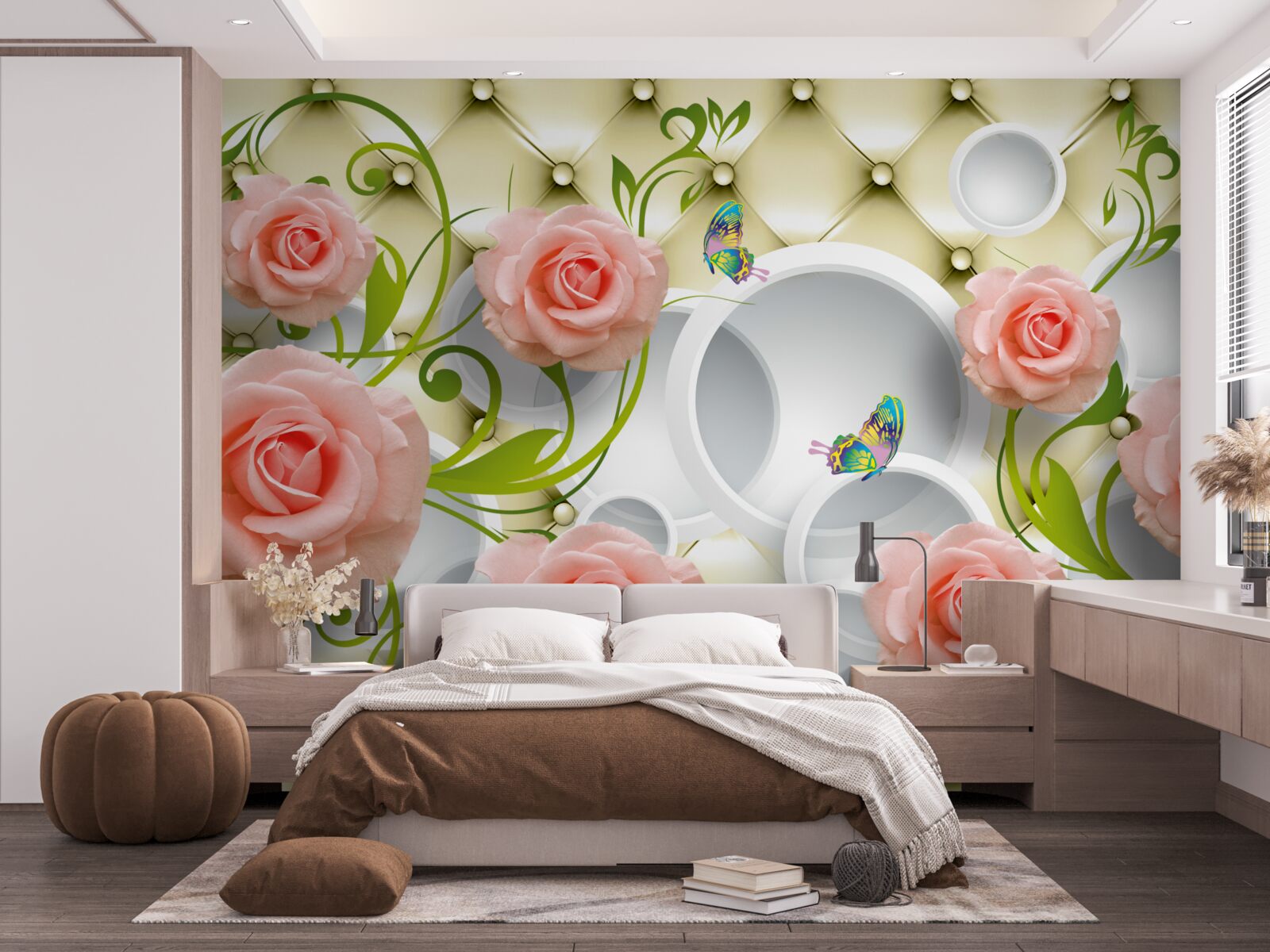 Fototapet fluturi și trandafiri în roz