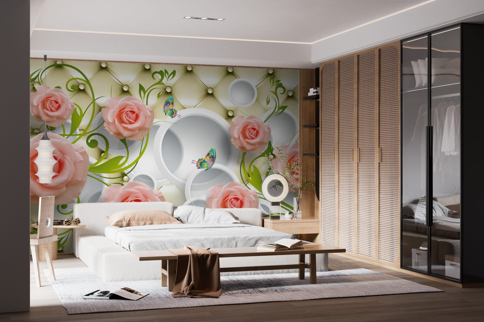 Fototapet fluturi și trandafiri în roz