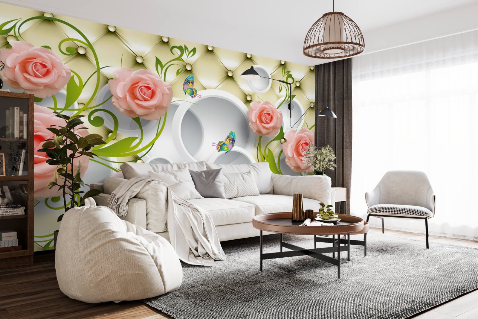 Fototapet fluturi și trandafiri în roz