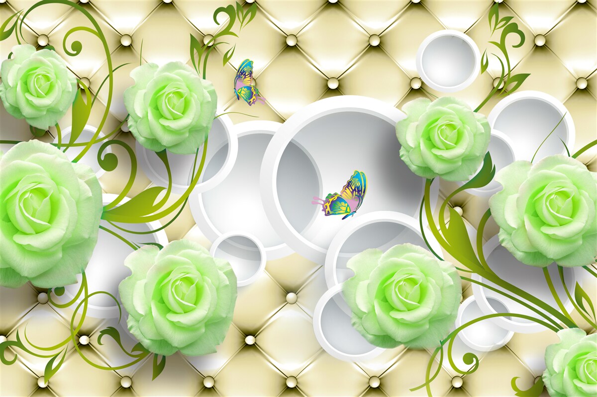 Fototapet trandafirul este alb și verde cu elemente de aur și perle