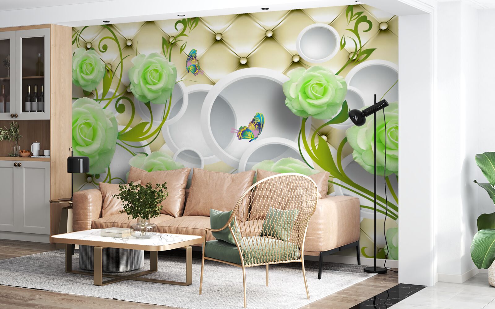 Fototapet trandafirul este alb și verde cu elemente de aur și perle