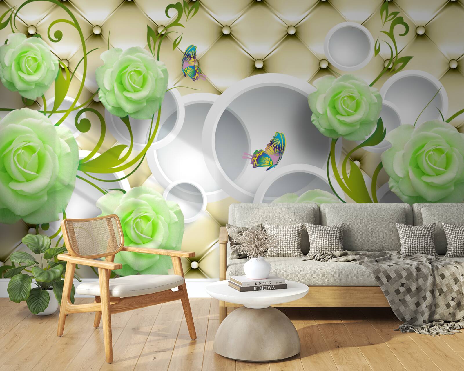 Fototapet trandafirul este alb și verde cu elemente de aur și perle