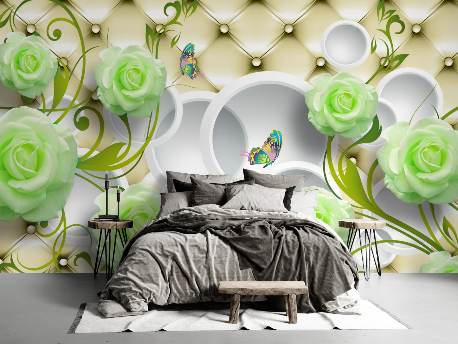 Fototapet trandafirul este alb și verde cu elemente de aur și perle