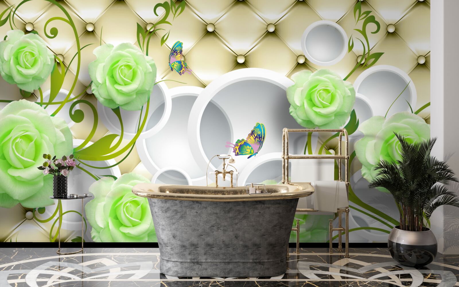 Fototapet trandafirul este alb și verde cu elemente de aur și perle