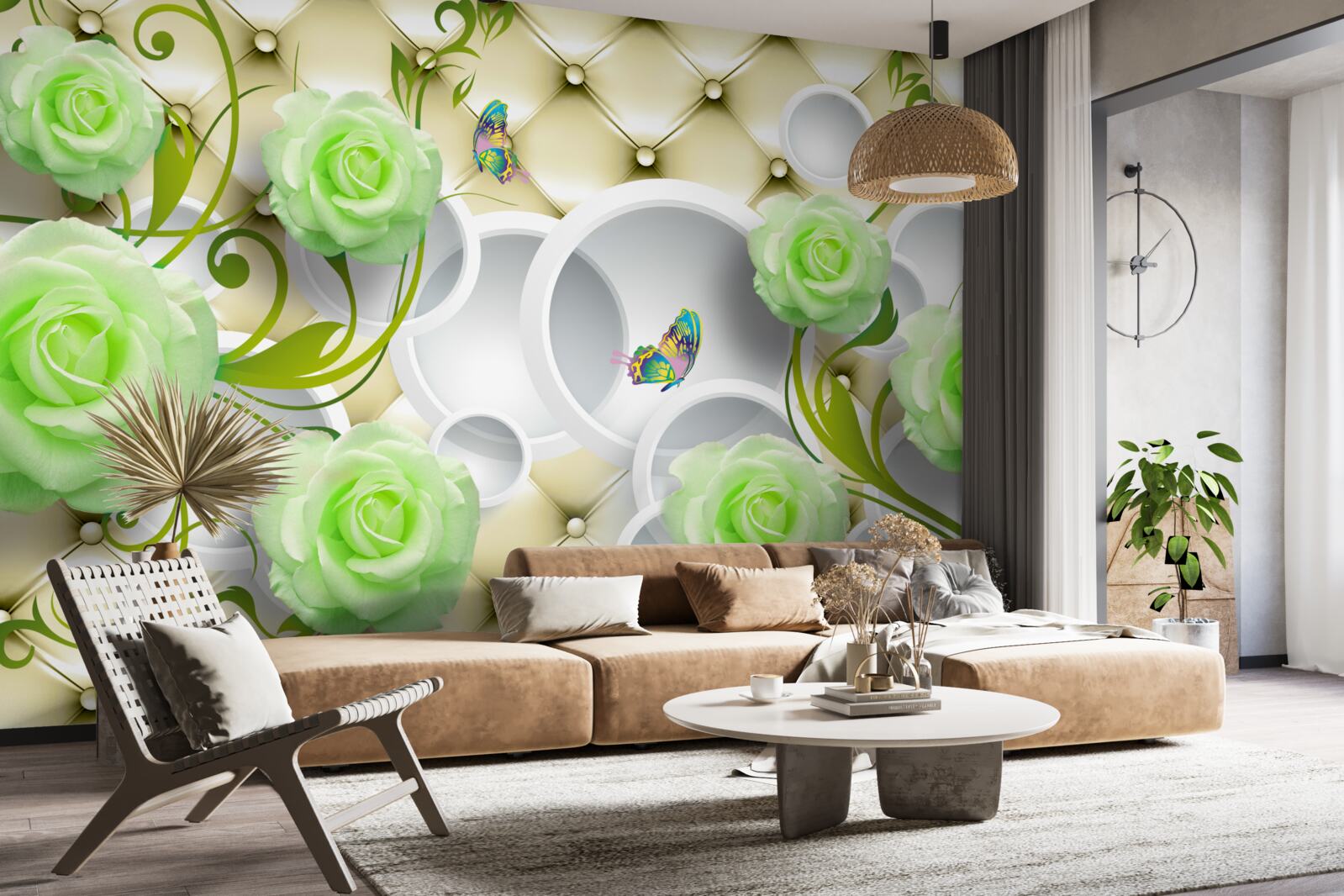 Fototapet trandafirul este alb și verde cu elemente de aur și perle