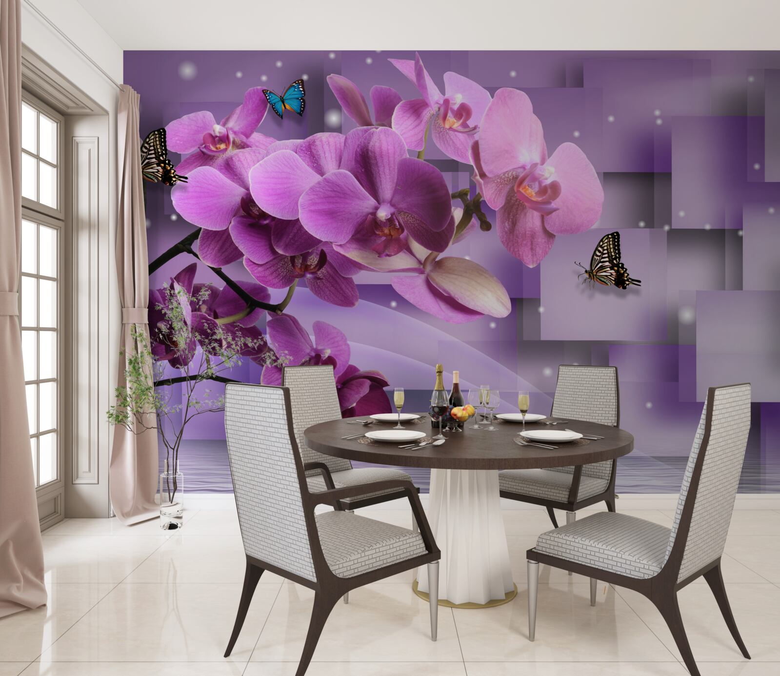 Fototapet compoziție de orhidee și fluturi subțiri
