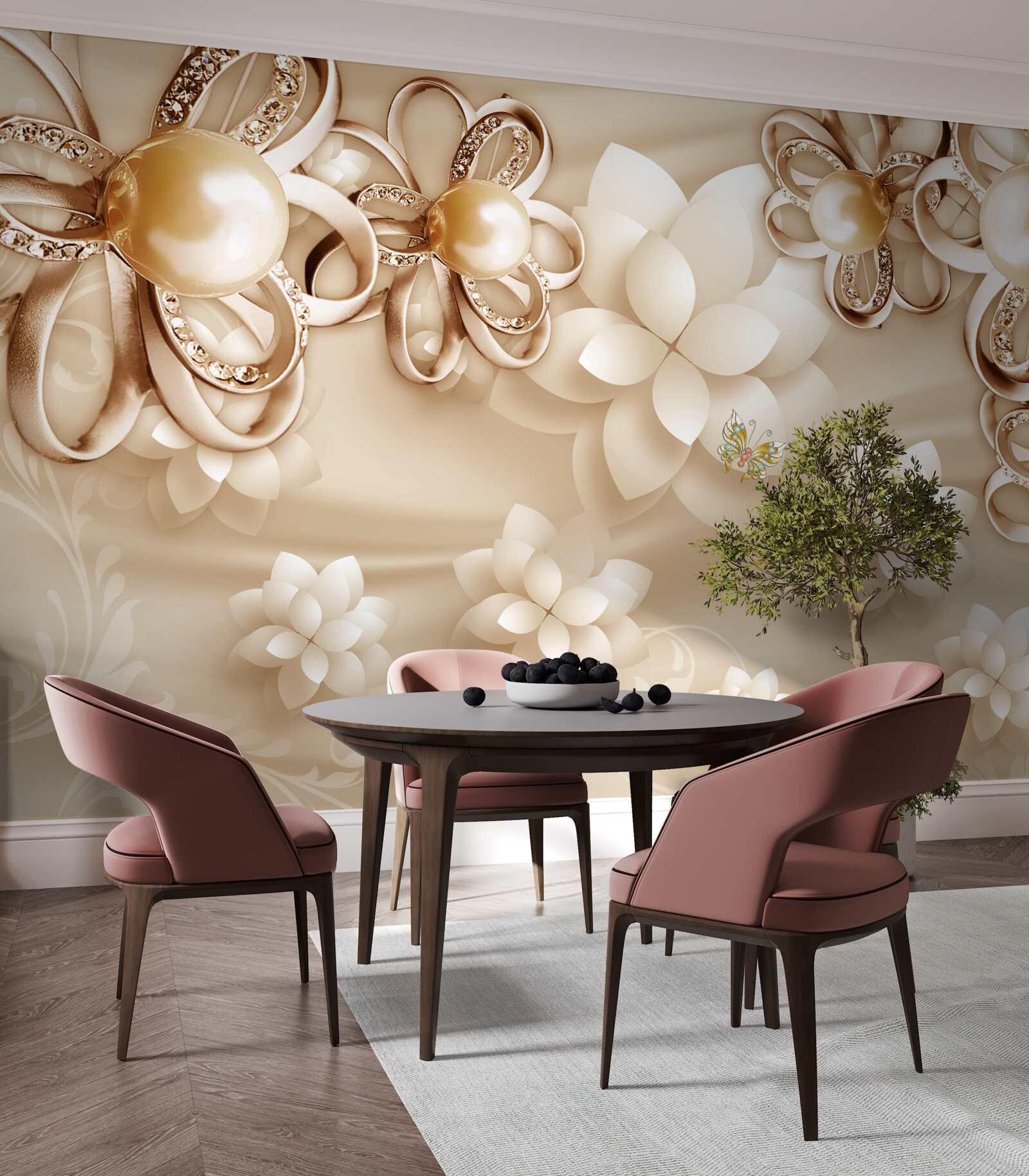 Fototapet florile de magnolie sunt albe ca zăpada, cu reflexe aurii