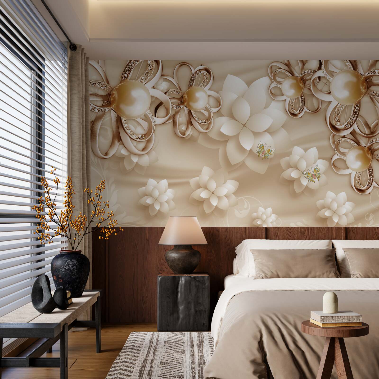 Fototapet florile de magnolie sunt albe ca zăpada, cu reflexe aurii