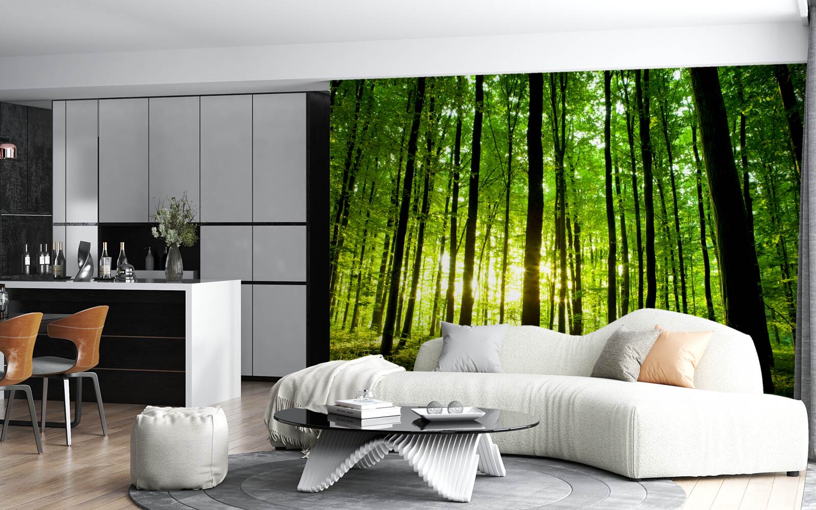 Fototapet razele soarelui pătrund în crângul dens