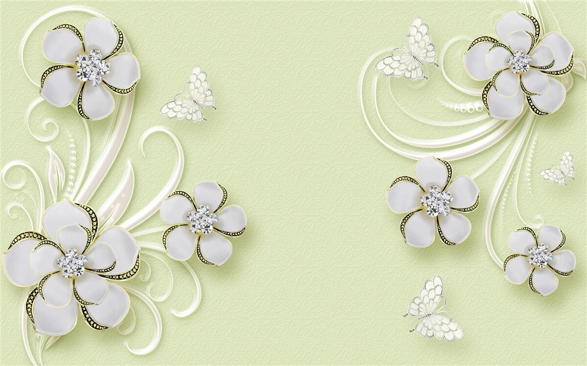 Fototapet fluturi aurii s-au așezat pe flori albe ca zăpada