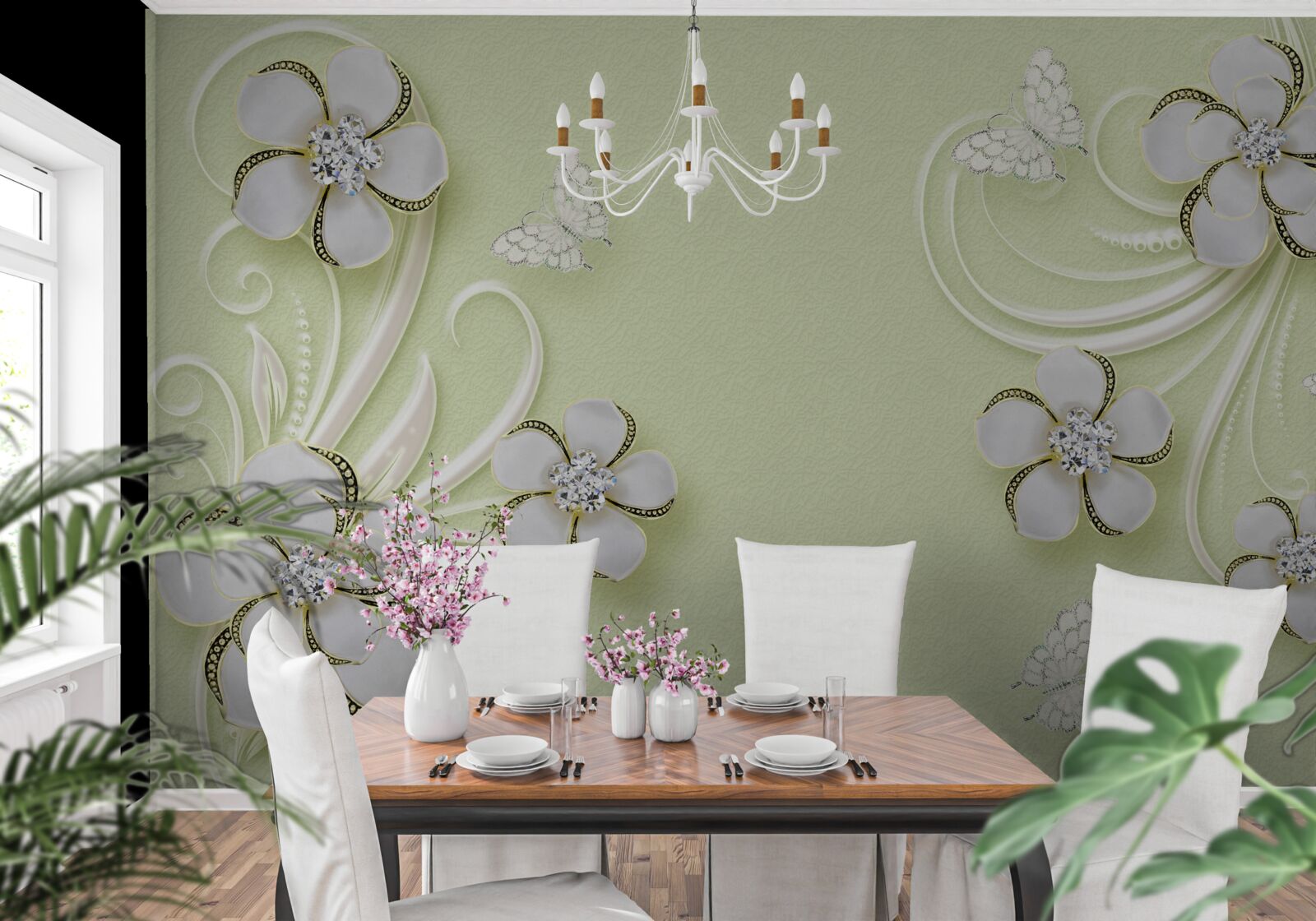 Fototapet fluturi aurii s-au așezat pe flori albe ca zăpada