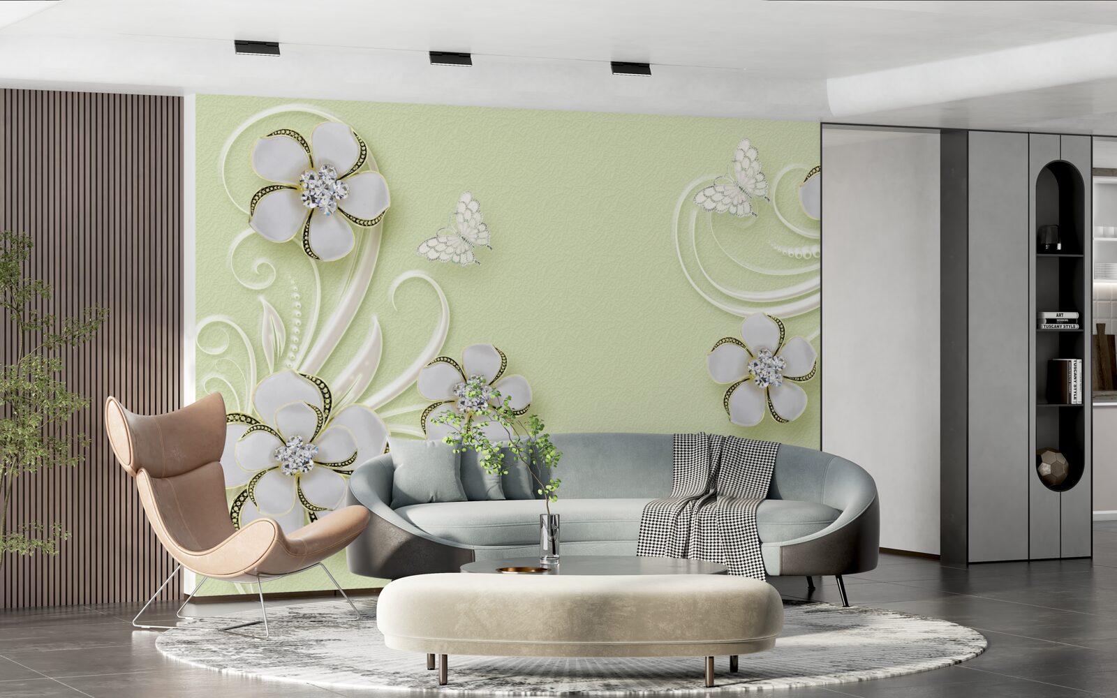 Fototapet fluturi aurii s-au așezat pe flori albe ca zăpada