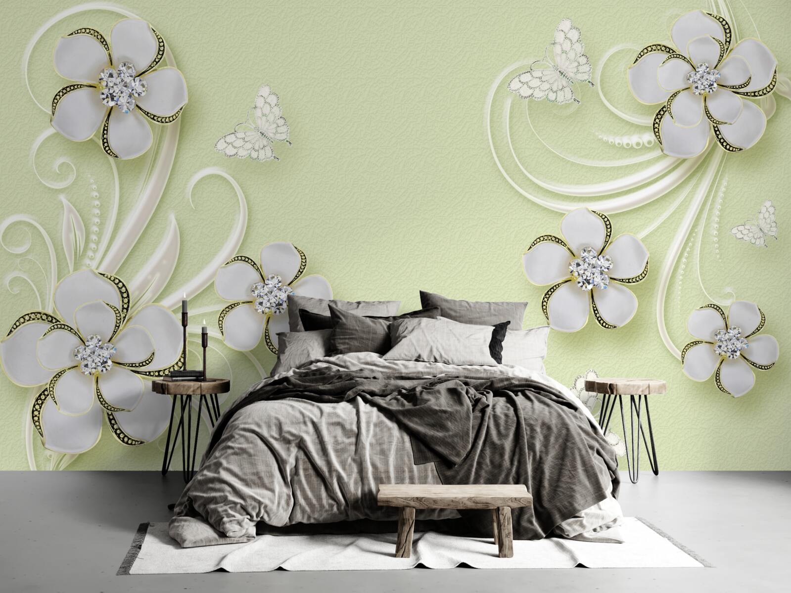 Fototapet fluturi aurii s-au așezat pe flori albe ca zăpada