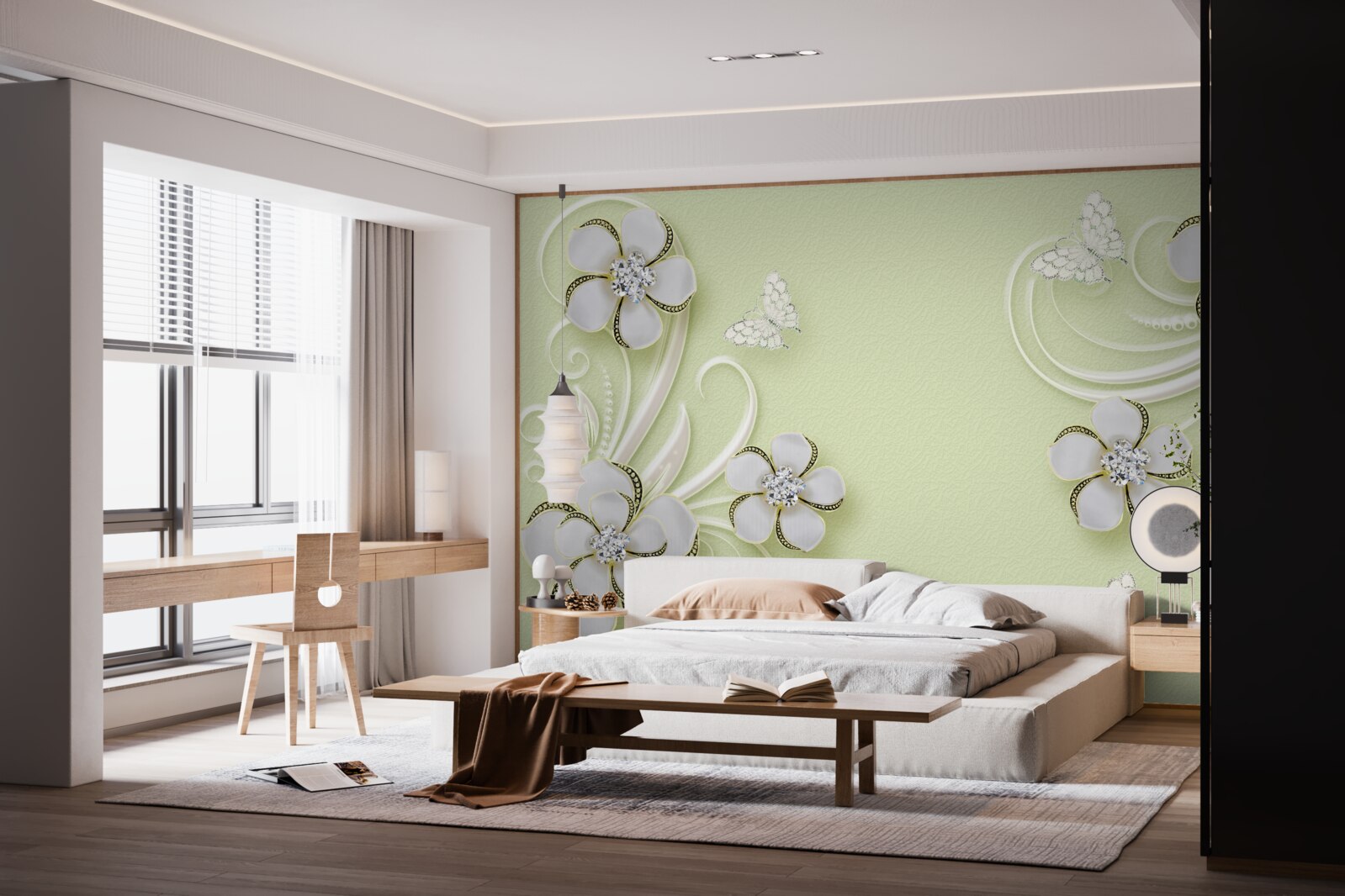 Fototapet fluturi aurii s-au așezat pe flori albe ca zăpada