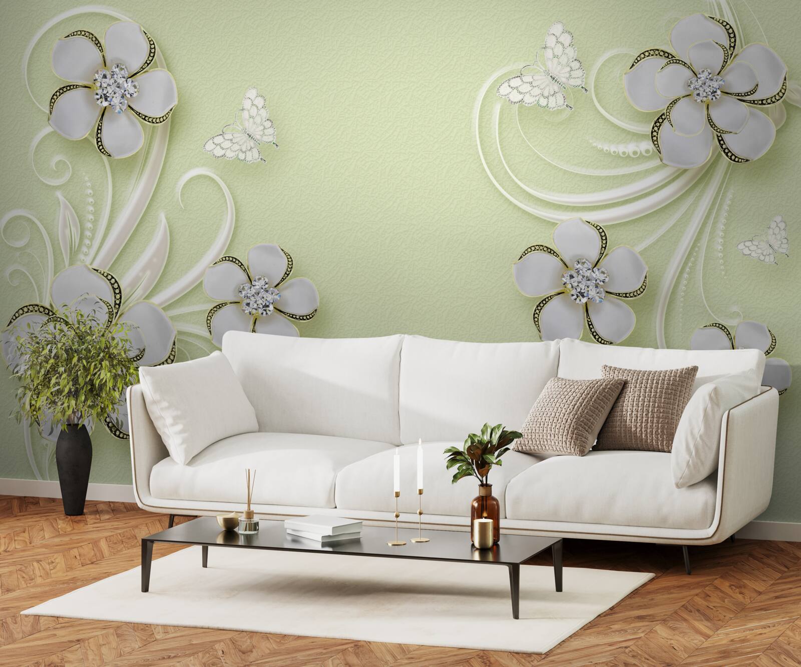 Fototapet fluturi aurii s-au așezat pe flori albe ca zăpada