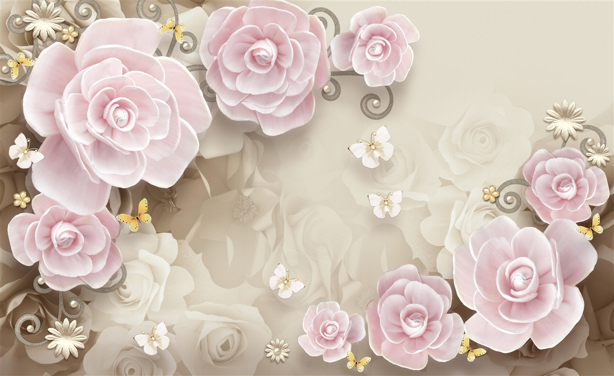 Fototapet trandafiri moi în tonuri roz cu perle în centru