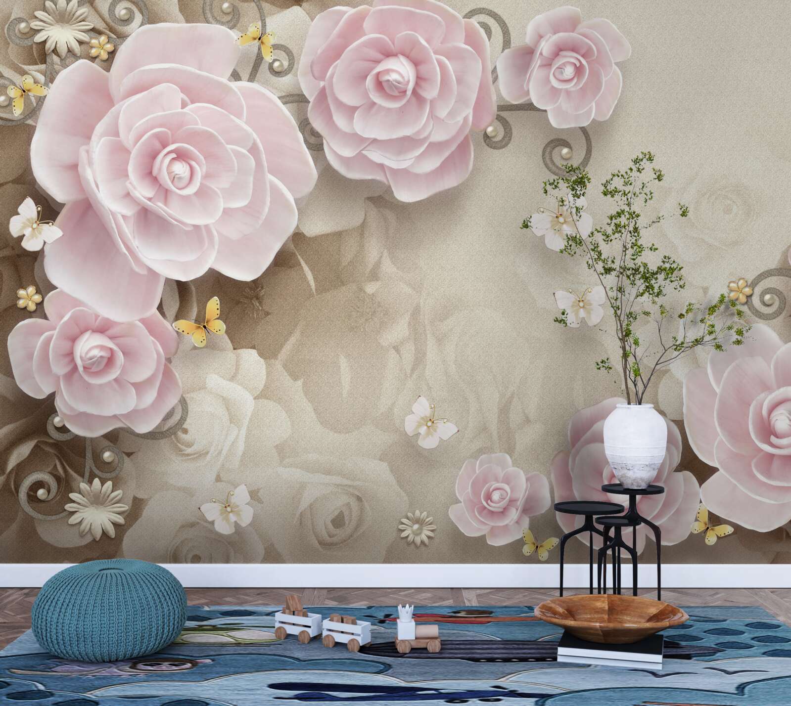 Fototapet trandafiri moi în tonuri roz cu perle în centru