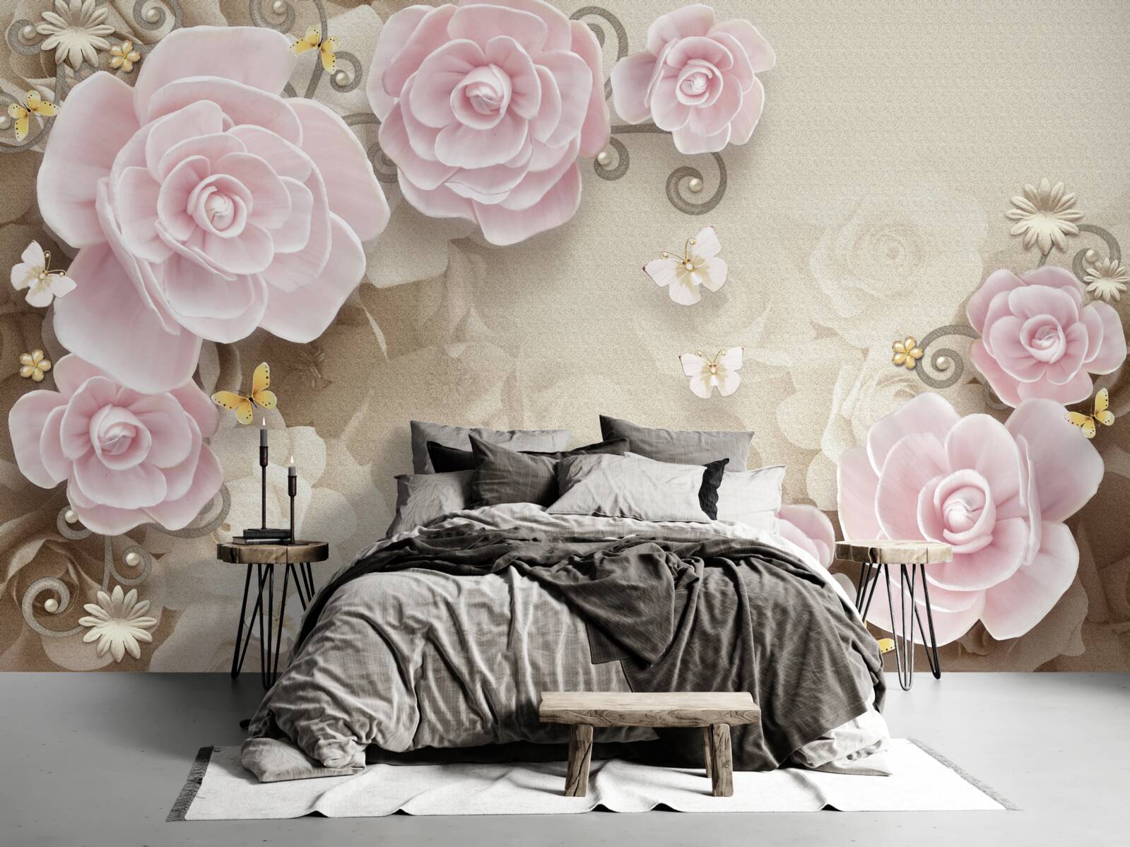 Fototapet trandafiri moi în tonuri roz cu perle în centru