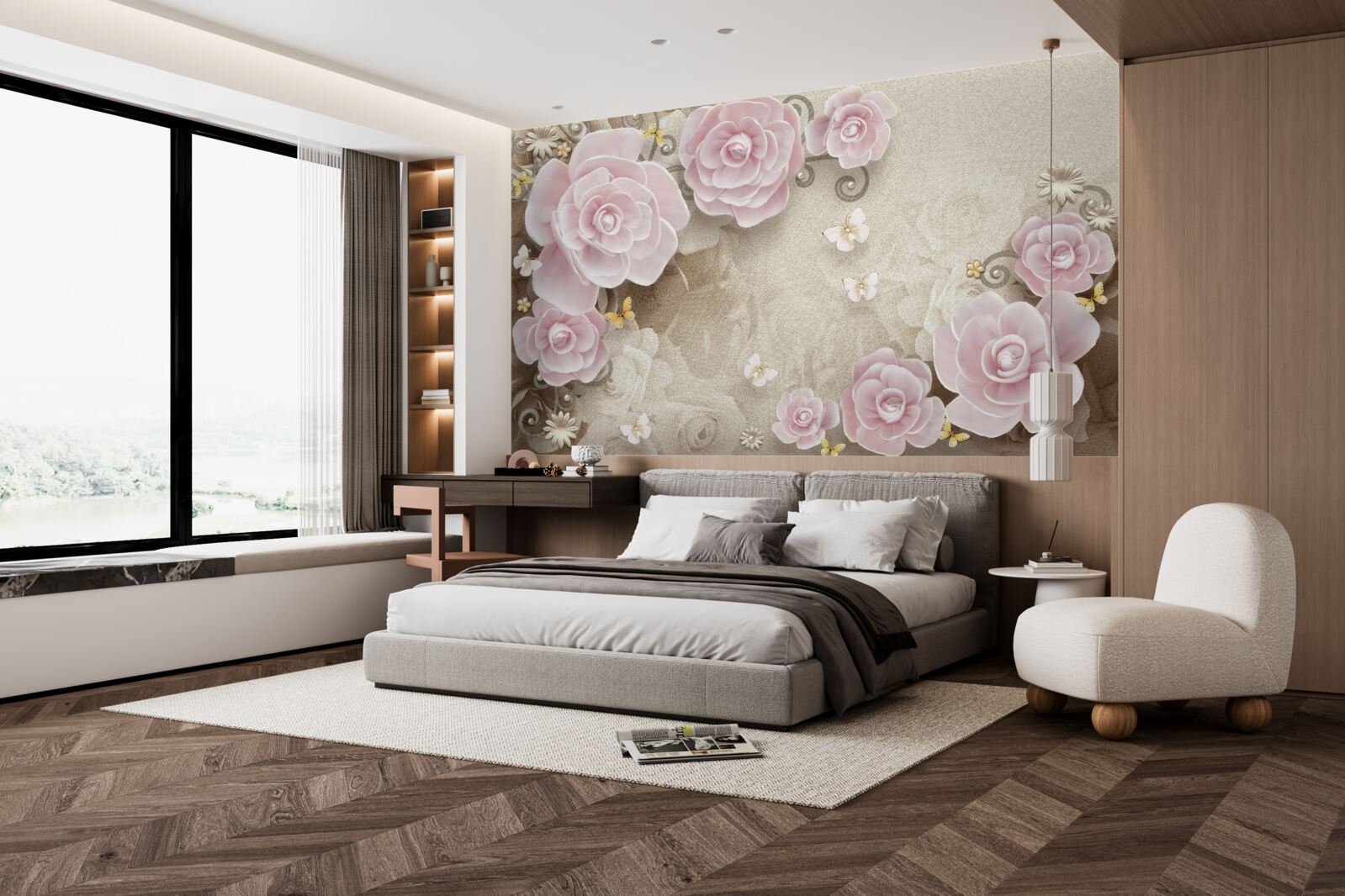 Fototapet trandafiri moi în tonuri roz cu perle în centru