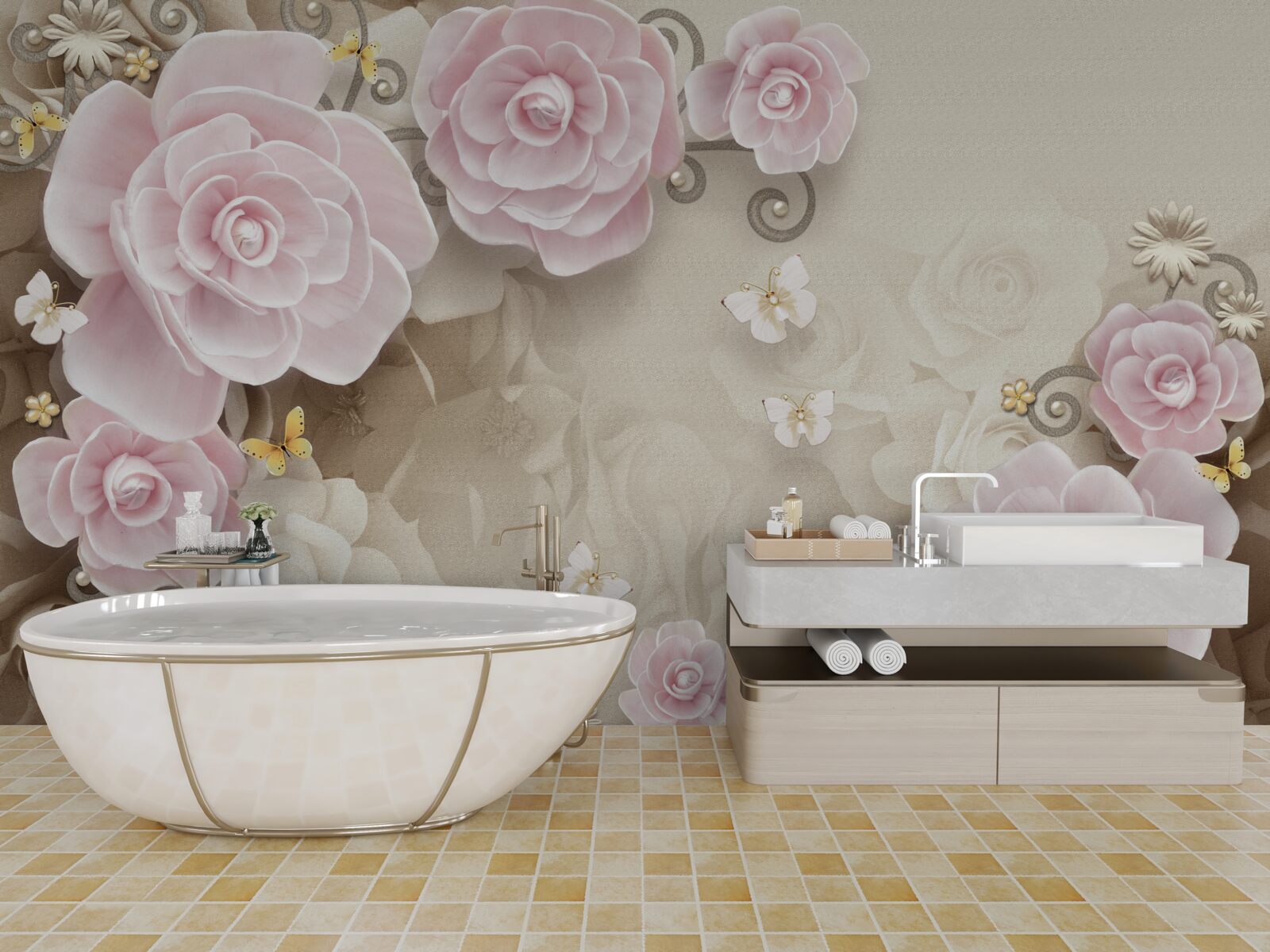 Fototapet trandafiri moi în tonuri roz cu perle în centru