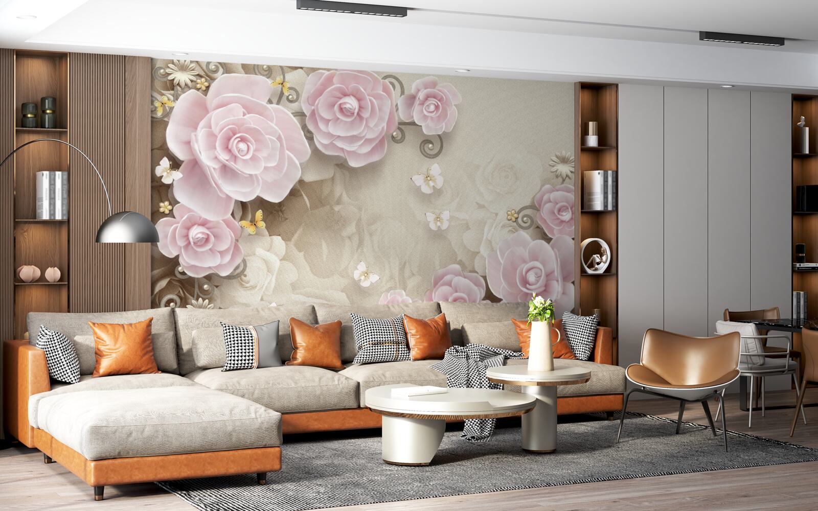 Fototapet trandafiri moi în tonuri roz cu perle în centru