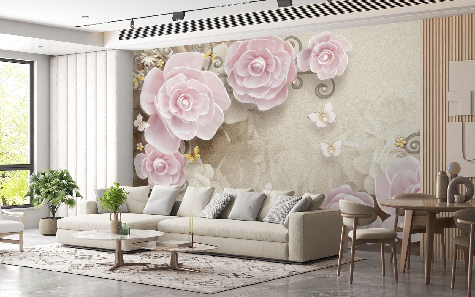 Fototapet trandafiri moi în tonuri roz cu perle în centru