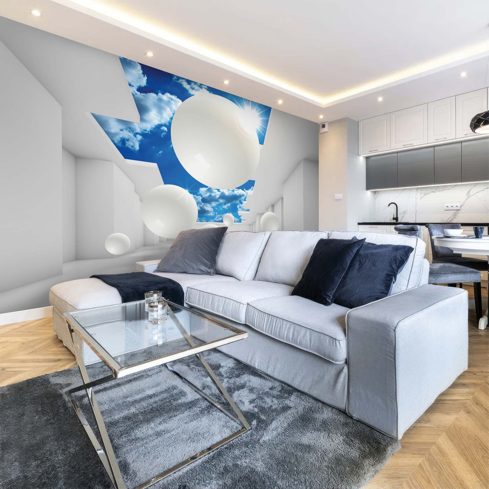 Fototapet bile albe mari pe un fundal de cer și soare