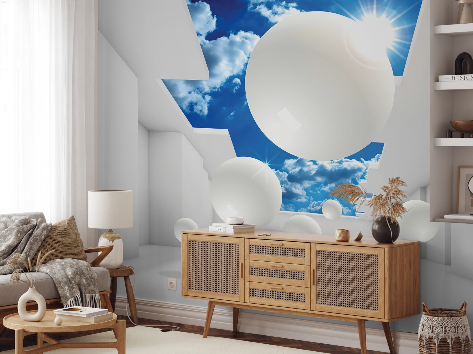 Fototapet bile albe mari pe un fundal de cer și soare