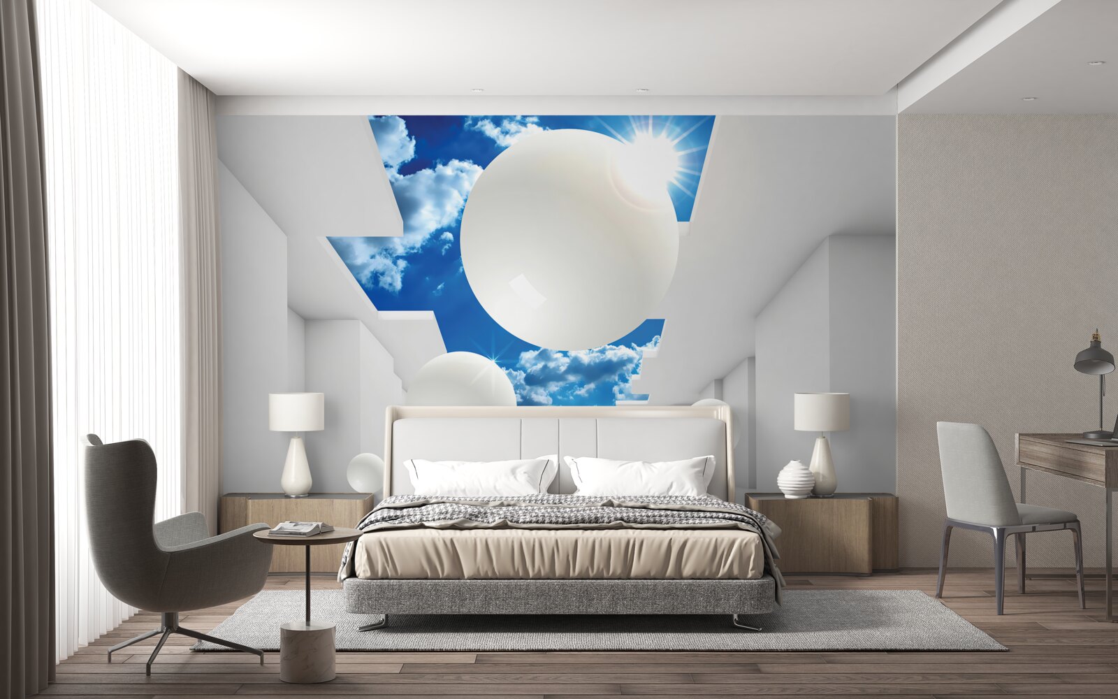 Fototapet bile albe mari pe un fundal de cer și soare