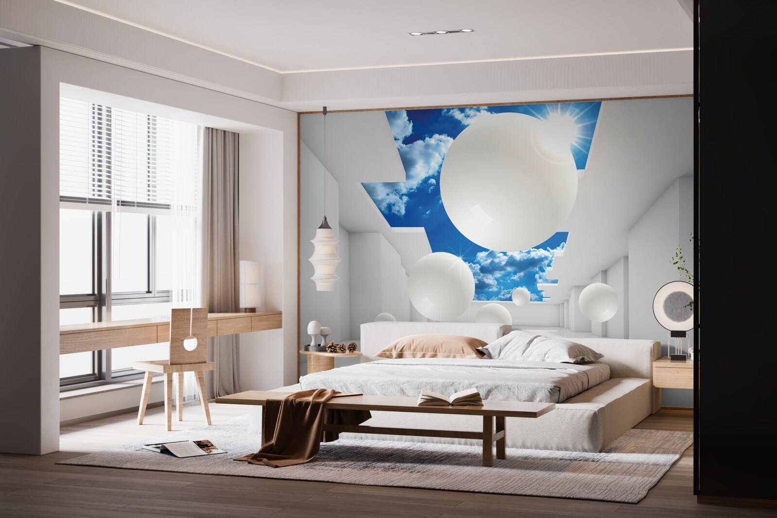 Fototapet bile albe mari pe un fundal de cer și soare