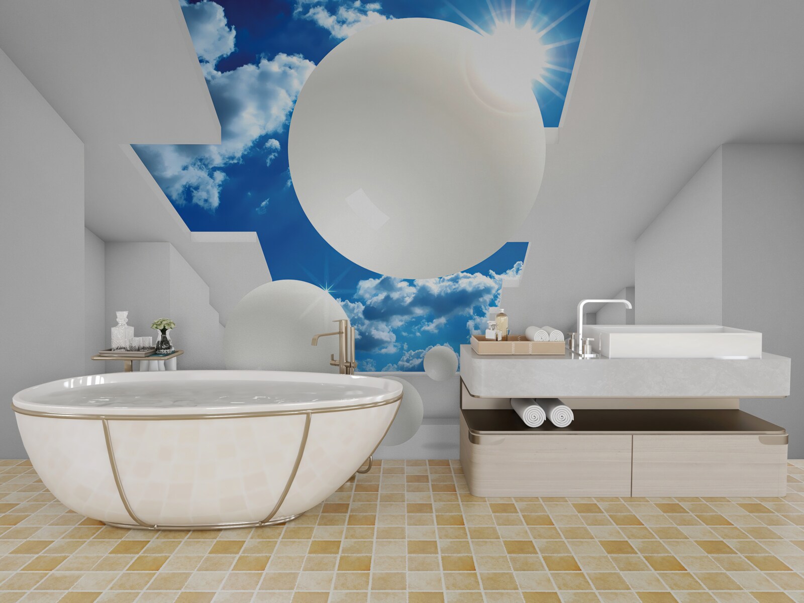 Fototapet bile albe mari pe un fundal de cer și soare