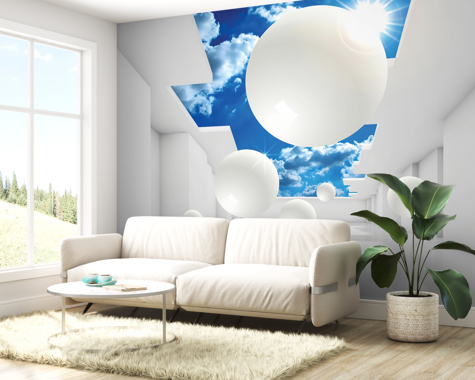 Fototapet bile albe mari pe un fundal de cer și soare