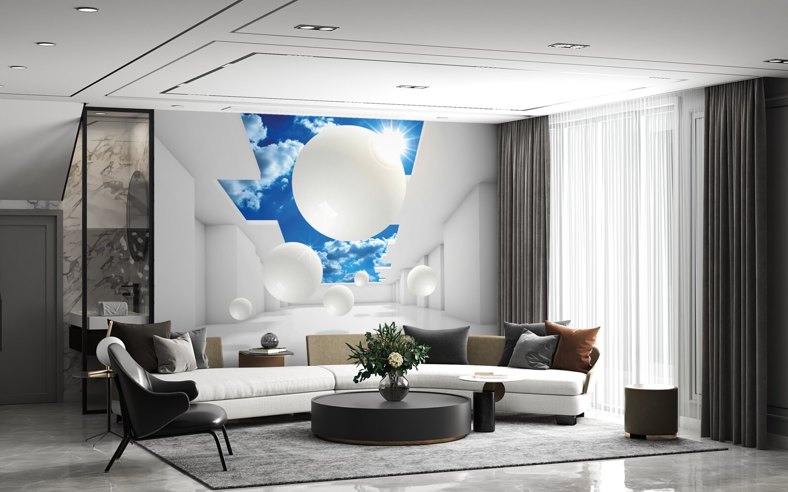 Fototapet bile albe mari pe un fundal de cer și soare