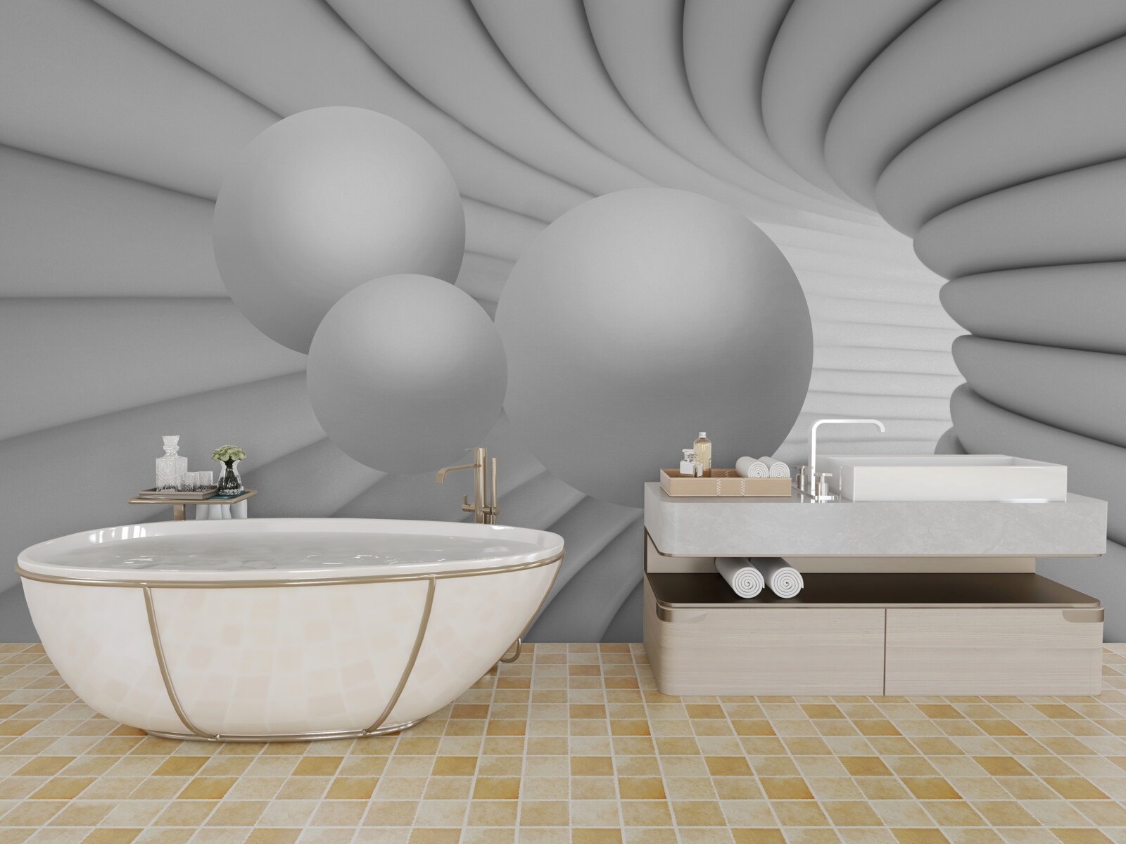 Fototapet perspectiva tunelului este plină cu bile argintii