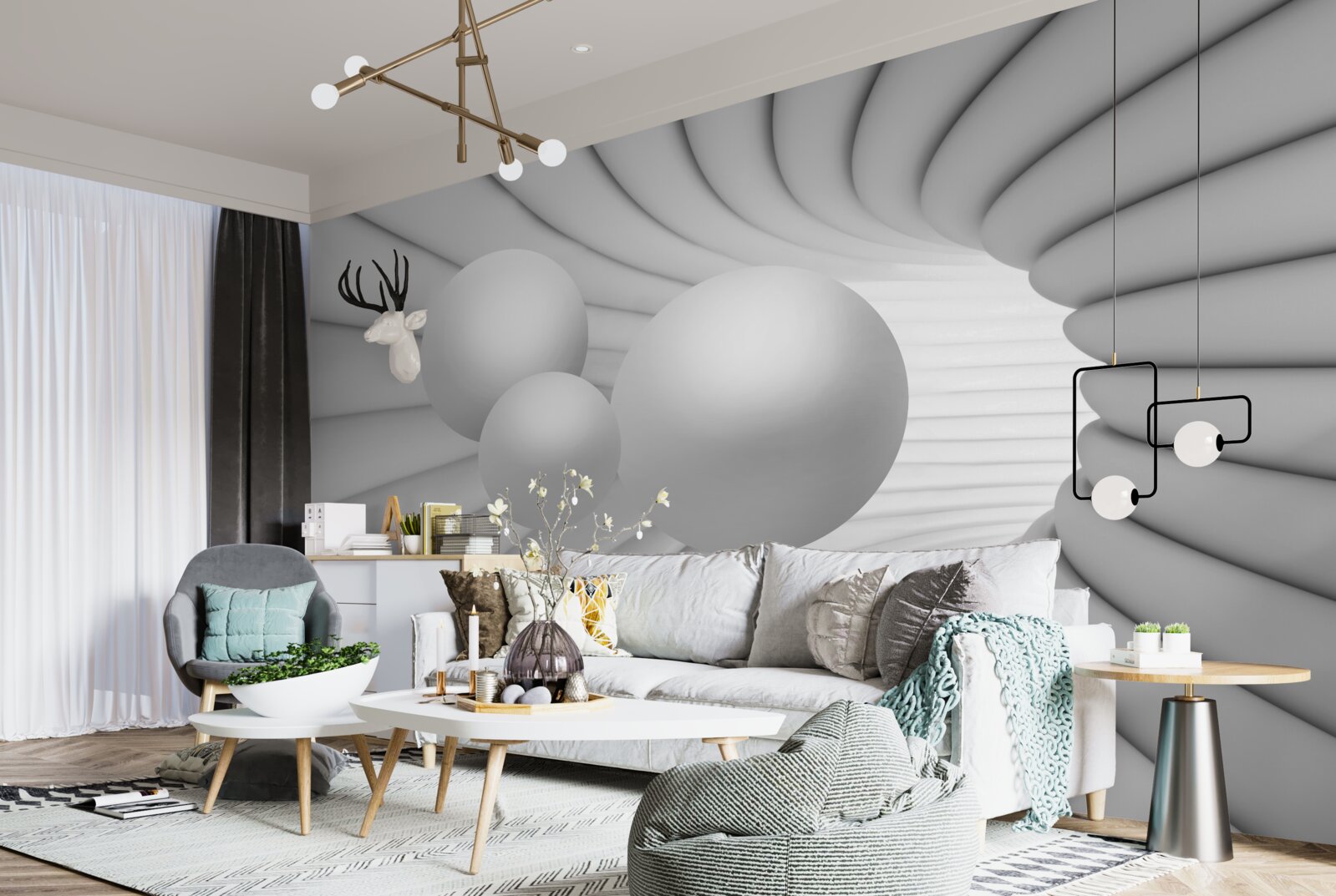 Fototapet perspectiva tunelului este plină cu bile argintii