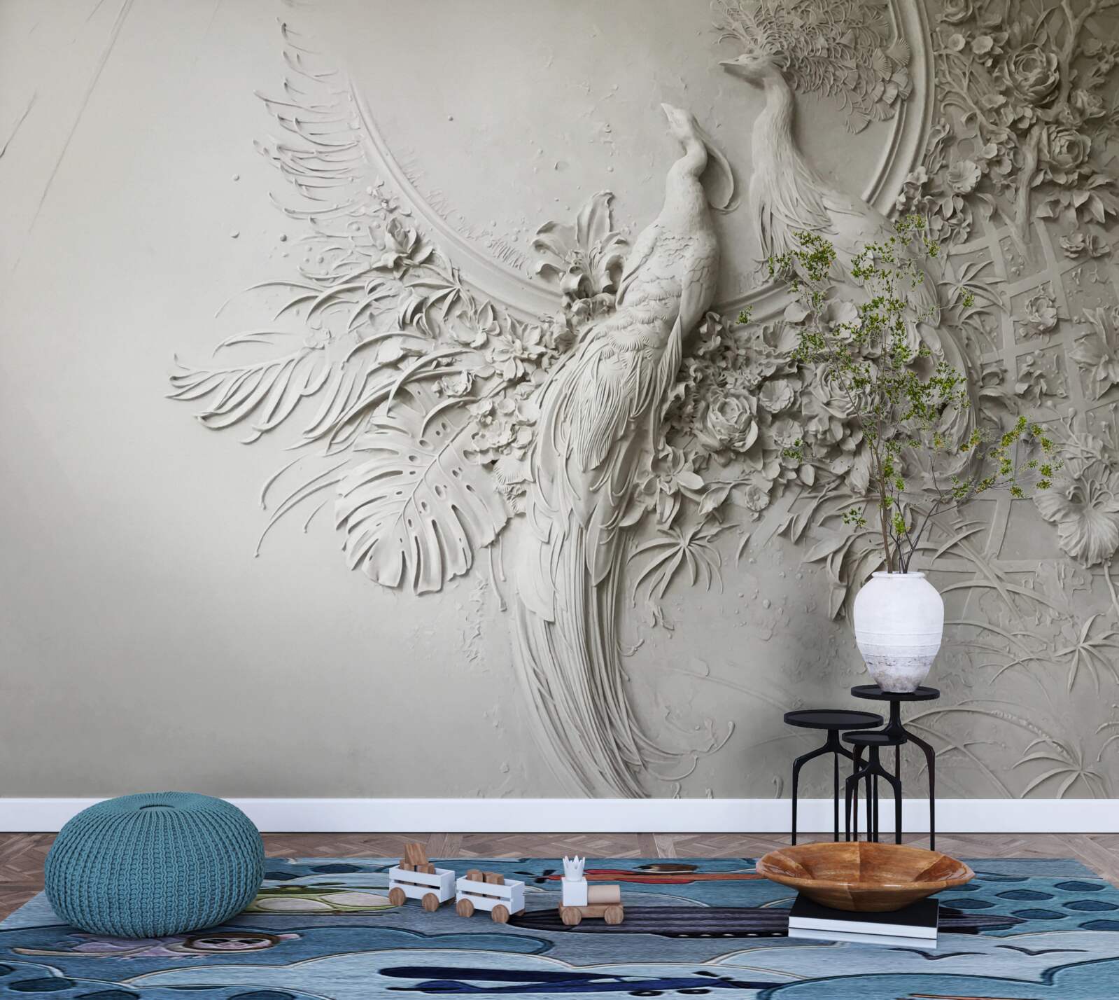 Fototapet familia păunului în plină floare într-un copac