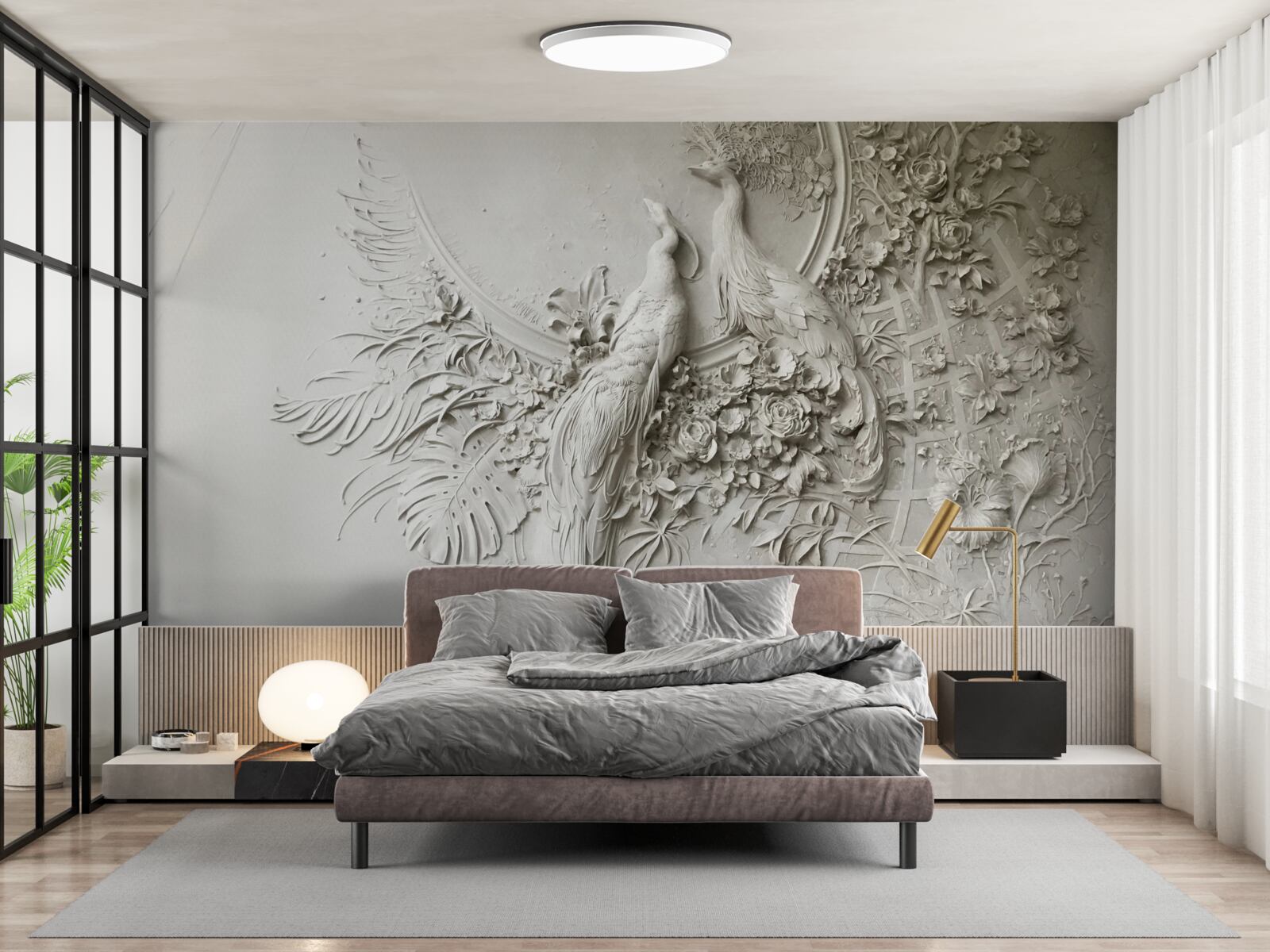 Fototapet familia păunului în plină floare într-un copac