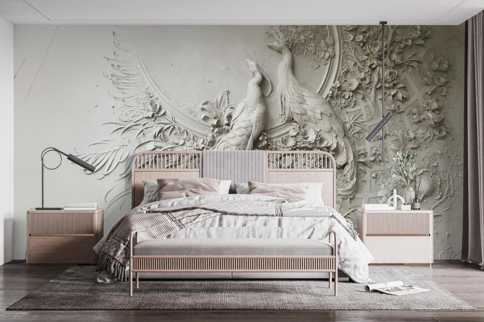 Fototapet familia păunului în plină floare într-un copac