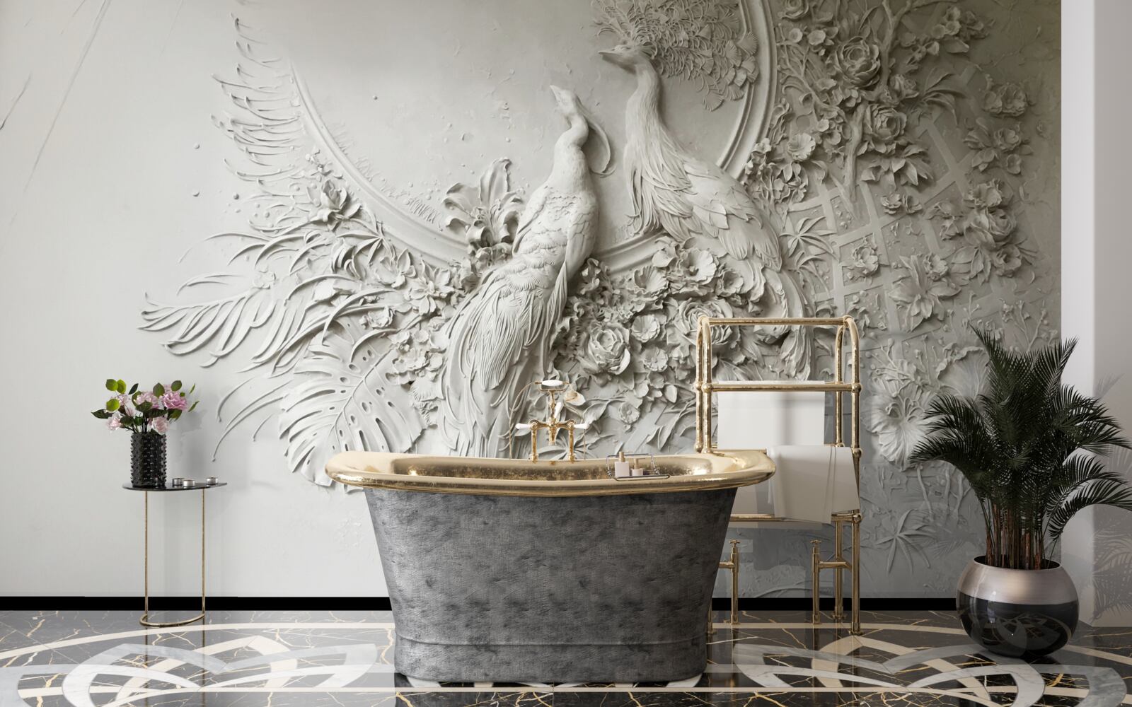 Fototapet familia păunului în plină floare într-un copac